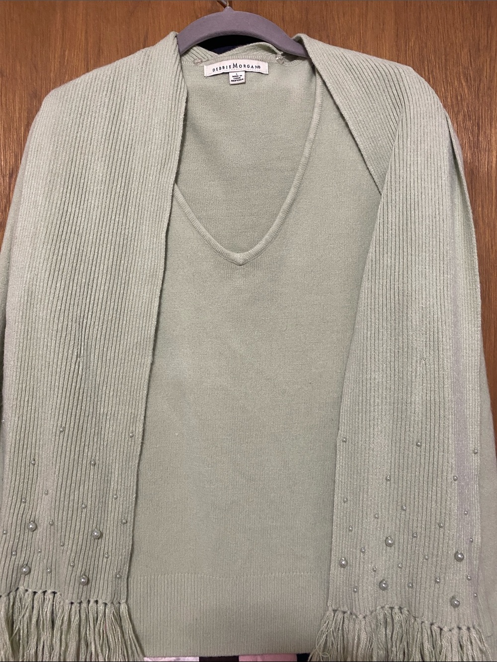Debbie Morgan Sage Green V-Neck Sweater with Beaded Fringe Scarf